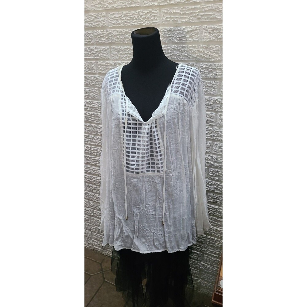 I.N. Studio Boho Blouse 3X White Pheasant Tie Front Top V Neck Lightweight Super
